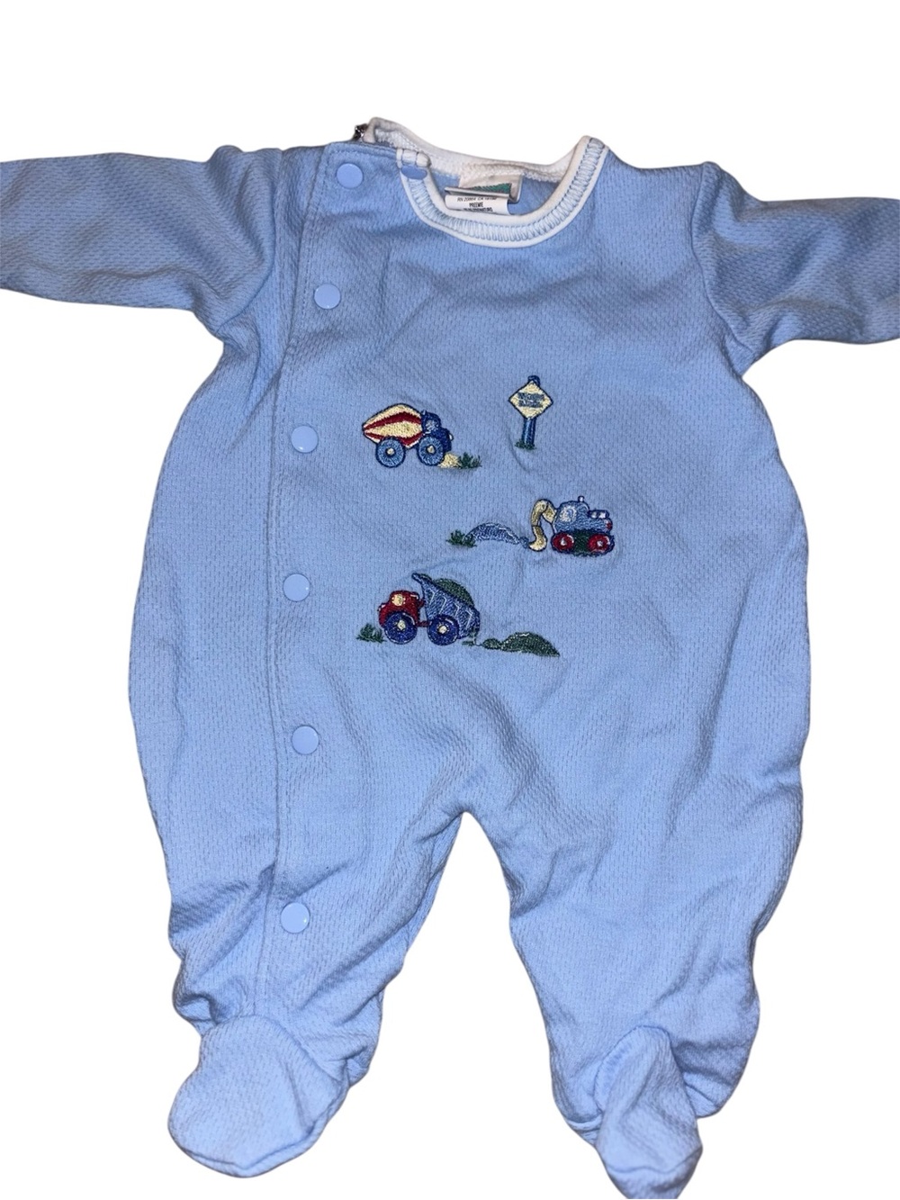 Vintage Little Me Light Blue Footed One-Piece with Vehicle Embroidery